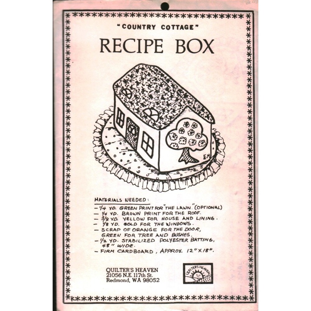 Vintage Quilter's Heaven Country Cottage Recipe Box Sewing Pattern Redmond WA